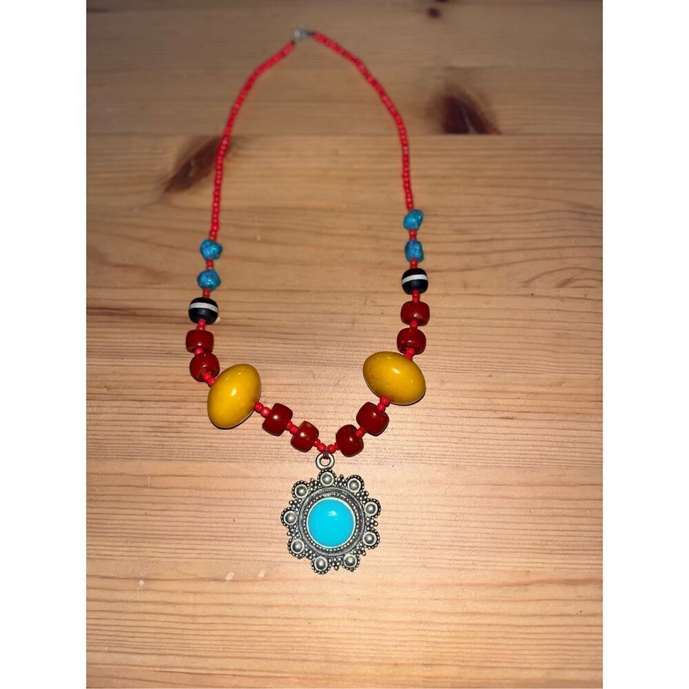 Vintage Tibet Tribal Resin Bead Sterling Silver Pendant Necklace 925